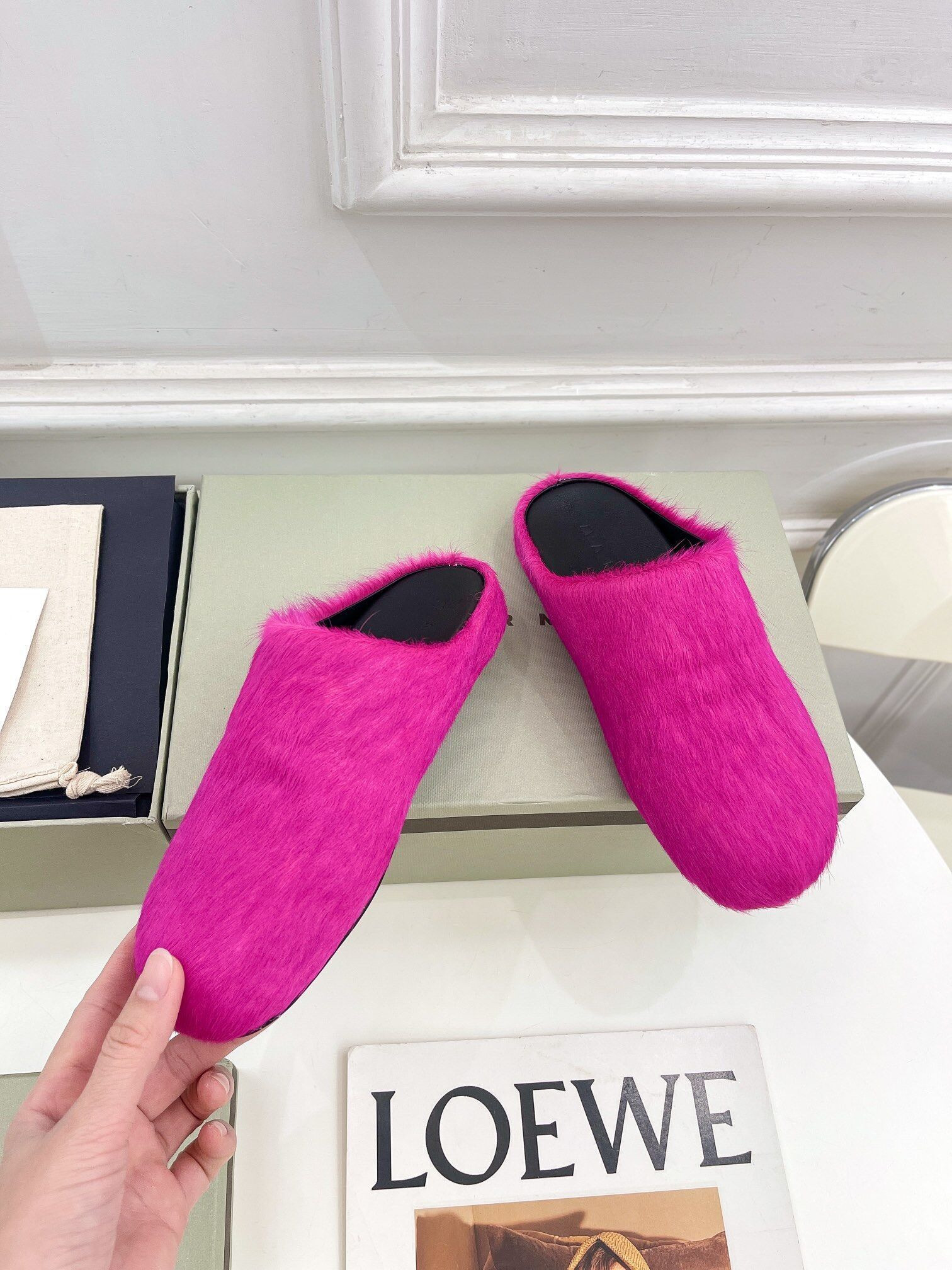 marni calf hair slippers-red